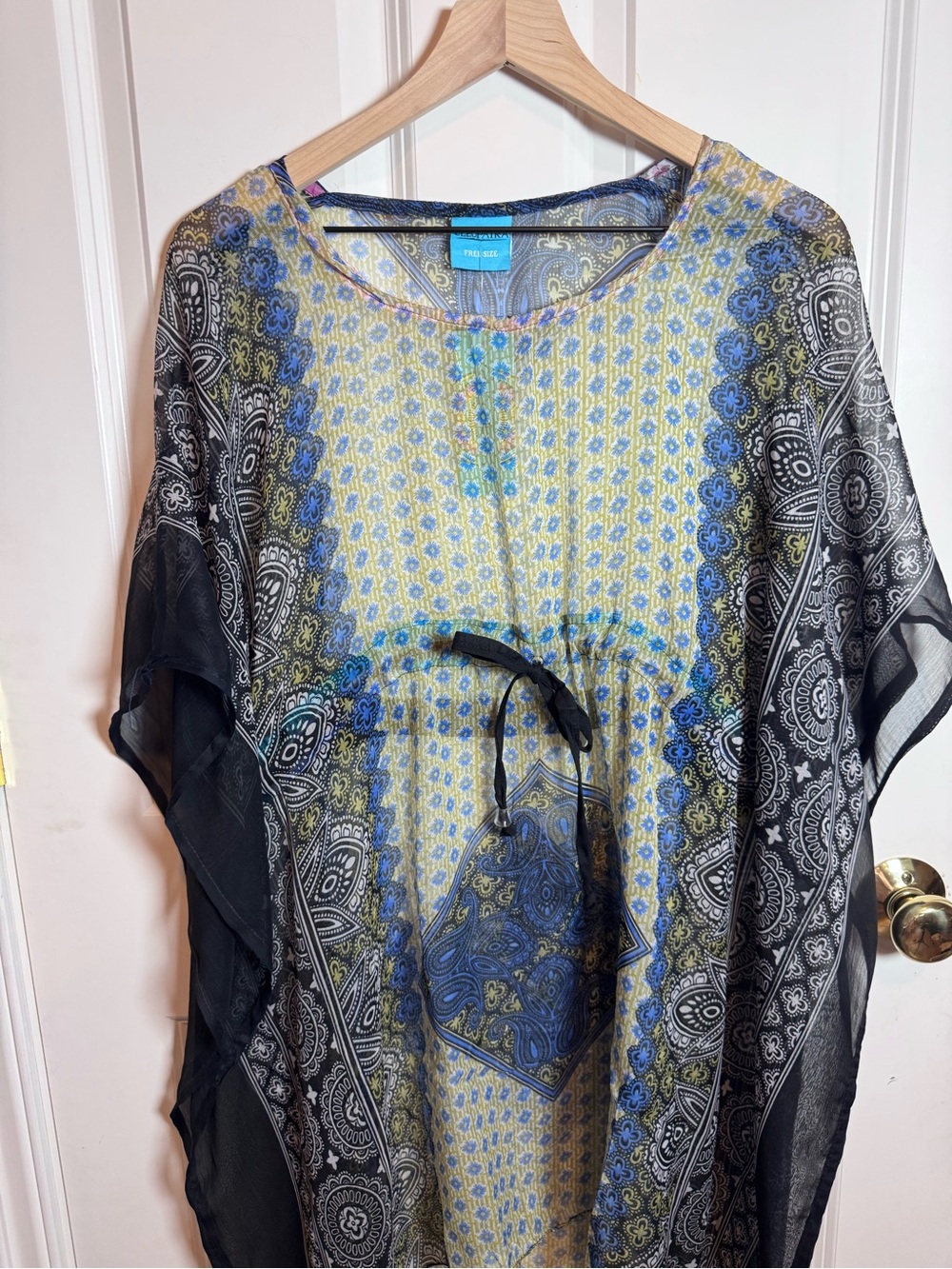 Cleopatra Blue, Yellow & Black Paisley Sheer Caftan with Drawstring NWT Cover Up
